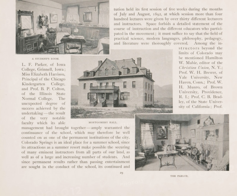 A students room, Montgomery Hall, The Parlor, Photomontage of the Montgomery Hall in Colorado Springs, page, photomechanical print, photomontage, Colorado Springs, cliché maker: New York Photo-Gravure Company, New York (city), c. 1888 - in or before 1893, photographer, North America, Colorado, paper, autotypie, height 215 mm x width 175 mm, living-room, parlour, sitting-room, student room, façade (of house or building), A sepia-toned page showing three photographic illustrations and surrounding printed columns of text; the top left image depicts an interior room with a dresser topped by a mirror, a chair, a table with a lamp, a bed or couch near a window with curtains, wall decorations and various small objects on shelves and surfaces; the central image shows a large three-story house with a porch, steps leading up to a central entrance, dormer windows and chimneys, set on a flat lawn with distant hills in the background; the lower right image shows a furnished parlor with upholstered ...