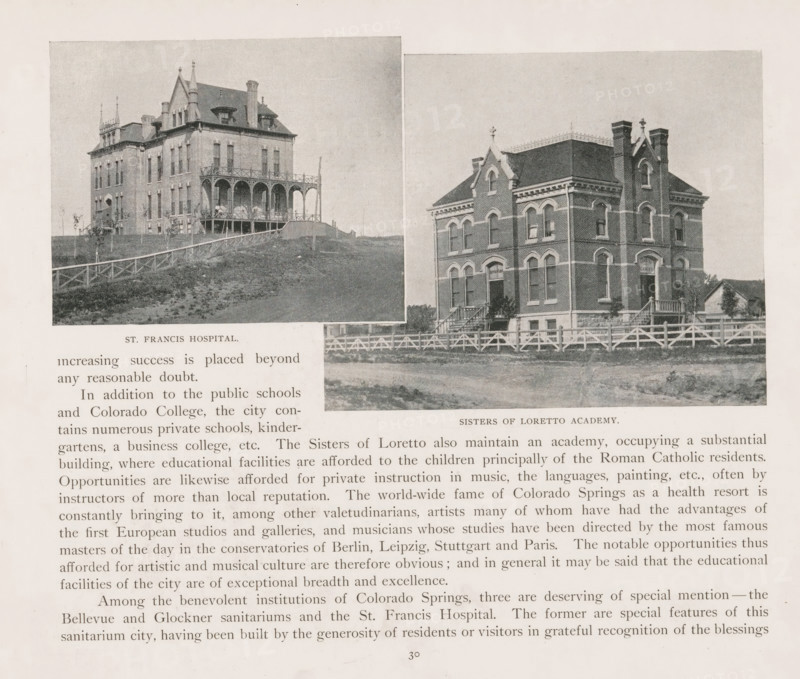 Photomontage of St. Francis Hospital and the Sisters of Loretto Academy, St. Francis Hospital, Sister of Loretto Academy, page, photomechanical print, photomontage, Colorado, cliché maker: New York Photo-Gravure Company, New York (city), c. 1888 - in or before 1893, photographer, North America, paper, autotypie, height 107 mm x width 203 mm, hospital, façade (of house or building), The image shows two black-and-white photographs of large brick buildings side by side on a printed page, each framed by a pale margin with surrounding printed text; the left photograph depicts a multi-story building with a steep roof, ornamental gables, tall narrow windows, and an arched porch supported by slender columns, set on a grassy slope with a wooden fence running diagonally in front; the right photograph shows a rectangular brick building with arched window openings, decorative roofline trim, twin chimneys with ornamental tops, a front entrance reached by stairs, and a wooden fence along the foregro...