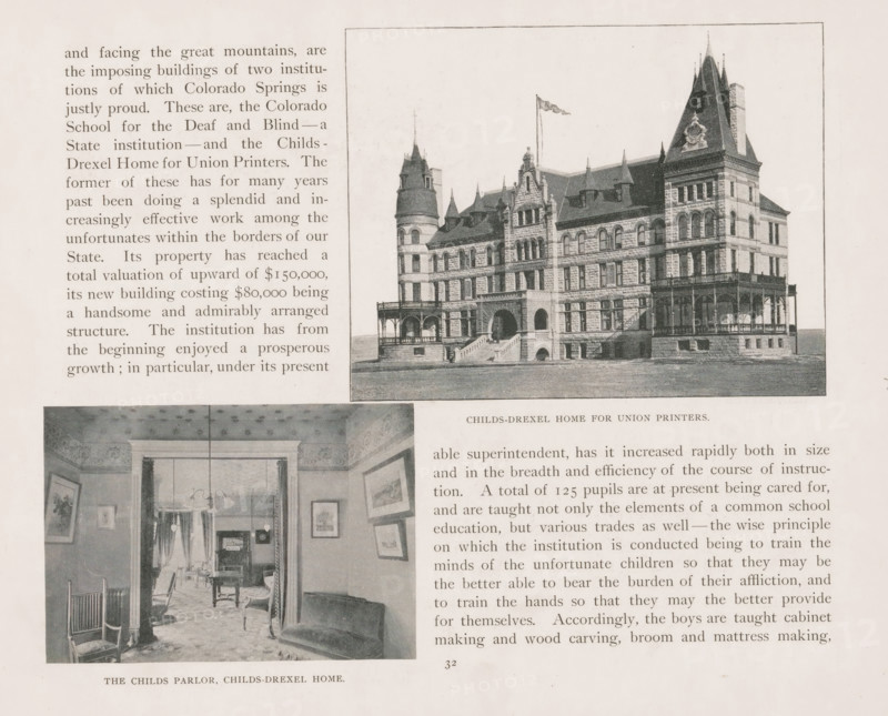 View of a nursing home in Colorado Springs, Child-Drexel home for Union Printers, page, photomechanical print, Colorado Springs, cliché maker: New York Photo-Gravure Company, New York (city), c. 1888 - in or before 1893, photographer, North America, Colorado, paper, autotypie, height 99 mm x width 126 mm, old-people's home, facade (of house or building), A sepia-toned page showing two photographic images: the top image depicts a large stone building with turrets, steep roofs, arched entrances, and a flag on a pole, framed by a thin border; the lower image shows an interior parlor with chairs, a couch, framed pictures on patterned walls, a doorway leading to another room with visible furniture and a hanging light fixture; areas of printed text and margins surround and separate the images.