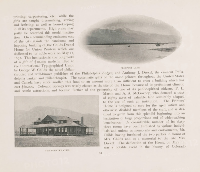 Prospect Lake, View of the Country Club of Colorado Springs, page, photomechanical print, Colorado Springs, cliché maker: New York Photo-Gravure Company, New York (city), c. 1888 - in or before 1893, photographer, North America, Colorado, paper, autotypie, height 61 mm x width 101 mm, club, meeting place, façade (of house or building), A page showing two oval photographic images and one rectangular photograph alongside columns of printed text, the upper oval image depicting a lakeshore scene with distant mountains, a calm water surface, and small boats near the horizon, the lower rectangular photograph showing a large single-story building with a wraparound porch, a pitched roof with dormers, and an open grassy foreground, the page has a wide margin and a light, aged paper tone.