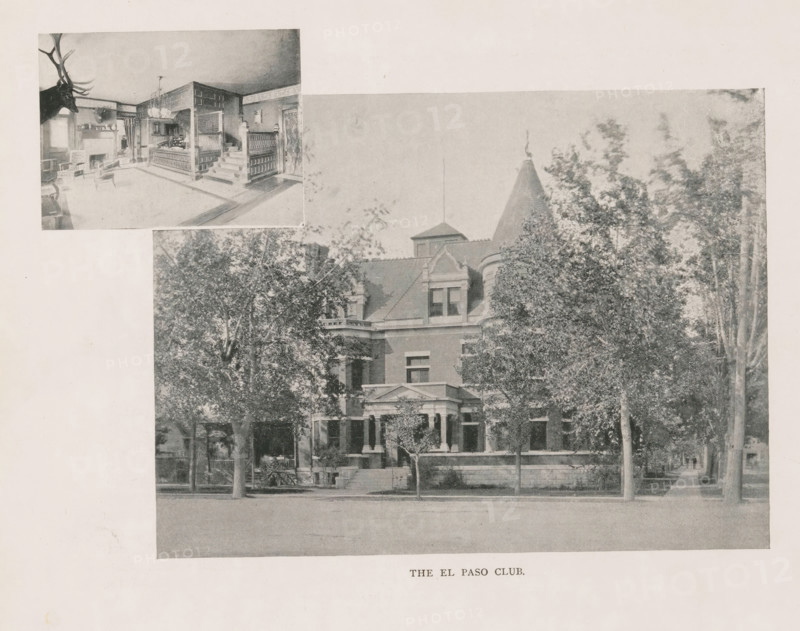 Photomontage of the El Paso Club in Colorado Springs, The El Paso Club, page, photomechanical print, photomontage, Colorado Springs, cliché maker: New York Photo-Gravure Company, New York (city), c. 1888 - in or before 1893, photographer, North America, Colorado, paper, autotypie, height 157 mm x width 209 mm, club, meeting place, facade (of house or building), reception desk (, hotel), A faded black-and-white photograph shows a large multi-story brick building with a steep roof, dormer windows, and a conical turret, partially obscured by leafy trees in the foreground; a covered porch with columns and a low stone wall runs along the front, and a sidewalk and street are visible at the bottom edge of the image.