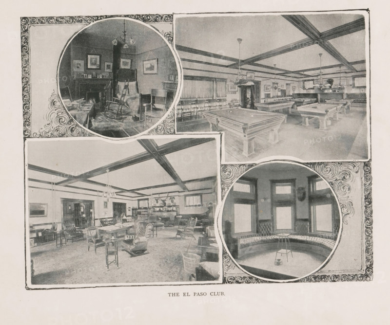 The El Paso Club, Photomontage of the interior of the El Paso Club in Colorado Springs, page, photomechanical print, photomontage, Colorado Springs, cliché maker: New York Photo-Gravure Company, New York (city), c. 1888 - in or before 1893, photographer, North America, Colorado, paper, autotypie, height 159 mm x width 202 mm, living-room, parlour, sitting-room, club, meeting place, other rooms, A printed page with four framed photographic images arranged in a grid, each image showing interior rooms furnished with chairs, tables, and decorative elements, the top right image depicting a room with multiple pool tables under a coffered ceiling and hanging lights, the top left circular image showing a smaller room with upholstered chairs, a fireplace, framed pictures on the walls, and a chandelier, the lower left rectangular image showing a large lounge area with upholstered armchairs, side tables, wicker baskets, and shelving along the walls, and the lower right circular image showing a cu...