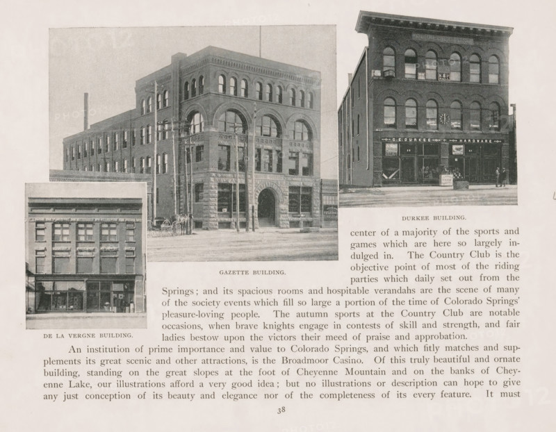 Photomontage of three buildings in Colorado Springs, page, photomechanical print, photomontage, inscription: 'De la Vergne building, Gazette building, Durkee Building', Colorado Springs, cliché maker: New York Photo-Gravure Company, New York (city), c. 1888 - in or before 1893, photographer, North America, Colorado, paper, autotypie, height 131 mm x width 209 mm, facade (of house or building), The image shows a page with three black-and-white photographs of brick commercial buildings arranged near the top and left side; the largest central photograph depicts a multi-story brick building with arched windows on the upper floors, a stone entrance with a rounded arch, utility poles and a wagon parked on the street in front; to the right a narrower photograph shows a three-story brick storefront building with arched windows, display windows and signage above the ground-floor entrances, and two small figures standing near the entrance; a smaller photograph in the lower left shows another bri...