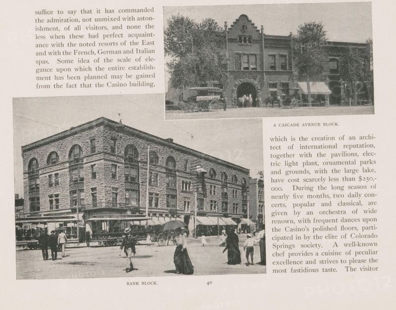 Photomontage of two streets in Colorado Springs, page, photomechanical print, photomontage, inscription: 'A Cascade Avenue block, bank block', Colorado Springs, cliché maker: New York Photo-Gravure Company, New York (city), c. 1888 - in or before 1893, photographer, North America, Colorado, paper, autotypie, height 162 mm x width 217 mm, city-view in general, 'veduta', street, A grayscale image showing a street scene with a large multi-story stone building occupying the left and center area, featuring arched windows and decorative masonry; people in period clothing are walking and standing on the sidewalk and street in front of the building, some holding umbrellas, and a horse-drawn carriage is visible near the curb; above the main image there is an inset photograph of a narrower two-story building with a decorative gabled facade, trees flanking the building, a large archway at street level with horses and people near it, and additional carriages parked along the street; blocks of prin...