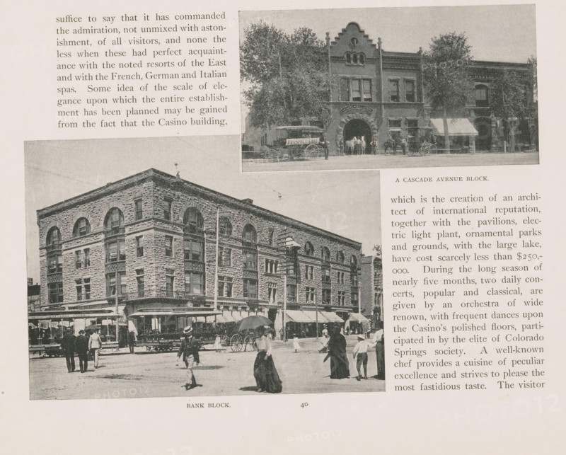 View of a colonial style house, View of colonial house, page, photomechanical print, Colorado Springs, cliché maker: New York Photo-Gravure Company, New York (city), c. 1888 - in or before 1893, photographer, North America, Colorado, paper, autotypie, height 76 mm x width 101 mm, facade (of house or building), A sepia-toned photograph shows a city street scene with a large multi-story stone building featuring arched windows and decorative masonry, awnings over ground-level storefronts, people walking and standing on the sidewalk and street wearing early twentieth-century clothing and hats, horse-drawn carriages and a wagon visible near the building, and a smaller inset image at the top depicting a two-story brick storefront with an arched central entrance flanked by trees and carriages.
