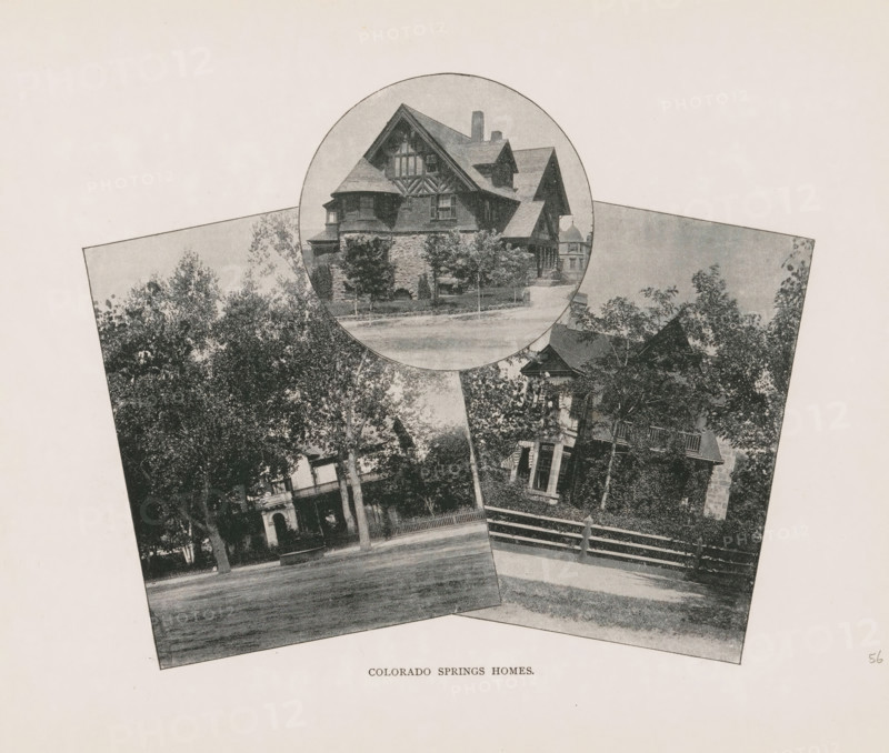Colorado Springs homes, Photomontage of villas in Colorado Springs, page, photomechanical print, photomontage, Colorado Springs, cliché maker: New York Photo-Gravure Company, New York (city), c. 1888 - in or before 1893, photographer, North America, Colorado, paper, autotypie, height 161 mm x width 204 mm, villa, A collage of black and white photographic fragments arranged on a light background showing parts of houses and trees, with a circular close-up at the top center featuring a large multi-story house with steep gables, a stone foundation, visible windows, a front porch area, and small trees in front; below and around the circle are tilted rectangular photos depicting tree canopies, a lawn, porches, architectural details of Victorian-style homes, fences, and a street edge, all rendered in a grainy, high-contrast monochrome.