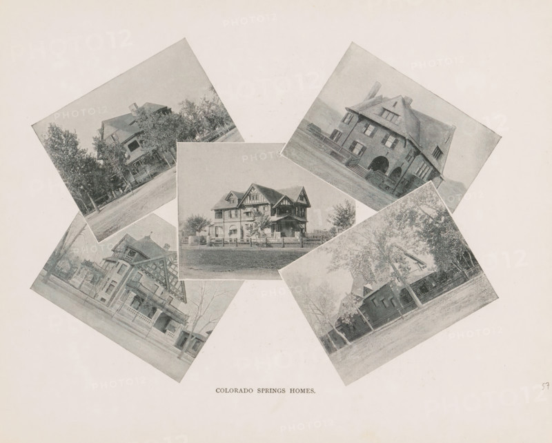 Colorado Springs homes, Photomontage of villas in Colorado Springs, page, photomechanical print, photomontage, Colorado Springs, cliché maker: New York Photo-Gravure Company, New York (city), c. 1888 - in or before 1893, photographer, North America, Colorado, paper, autotypie, height 160 mm x width 217 mm, villa, A collection of sepia-toned photographic prints arranged in a roughly circular pattern on a pale background, each print showing different residential buildings and surrounding trees and lawns; the images include houses with pitched roofs, porches, gables, chimneys, and fenced front yards, some with leafed trees close by and one print featuring a large arched entrance and steps leading up to it, while another shows decorative timbering on the upper facade and a tree-lined street in front.