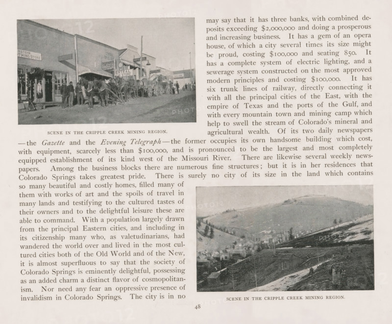 Scene in the Cripple Creek mining region, Street view in Cripple Creek, page, photomechanical print, Cripple Creek, cliché maker: New York Photo-Gravure Company, New York (city), c. 1888 - in or before 1893, photographer, North America, Colorado, Teller, paper, autotypie, height 60 mm x width 102 mm, street, four-wheeled vehicle drawn by more than three animals, A sepia-toned page from a book showing two rectangular photographic images of a mining town with surrounding columns of printed text on the left and right margins; the top left photograph depicts a dirt street lined with wooden buildings, an awninged storefront, a group of people standing near a line of horses and wagons, and various shop signs on building facades, while the lower right photograph shows a hilly landscape with scattered buildings, terraces, and a winding road; the printed text fills the central and side areas with narrow margins and a centered caption beneath the top photograph and another centered caption benea...