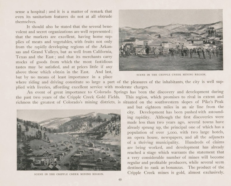 Scene in the Cripple Creek mining region, View of Cripple Creek, page, photomechanical print, Cripple Creek, cliché maker: New York Photo-Gravure Company, New York (city), c. 1888 - in or before 1893, photographer, North America, Colorado, Teller, paper, autotypie, height 60 mm x width 101 mm, city-view in general, 'veduta', A page from a printed publication showing two black and white photographic images of a mountainous town and a smaller inset scene, surrounded by blocks of printed text; the upper right photograph depicts a landscape with hills in the background, a cluster of small buildings, groups of people standing and walking, and wagons with horses in an open foreground; the lower left image shows a valley with scattered houses and structures, a road running through the settlement, and tree-covered slopes rising on either side; the page has a light background with narrow margins and visible aging tones.