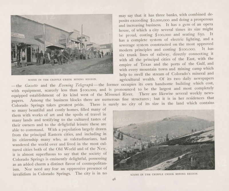Scene in the Cripple Creek mining region, View of Cripple Creek, page, photomechanical print, Cripple Creek, cliché maker: New York Photo-Gravure Company, New York (city), c. 1888 - in or before 1893, photographer, North America, Colorado, Teller, paper, autotypie, height 60 mm x width 101 mm, city-view in general, 'veduta', mountains, A sepia-toned page shows two photographic images of a town area with surrounding blocks of printed columns; the upper image depicts a street scene with wooden storefronts, an awning, a group of people standing on a dirt road, and horse-drawn wagons parked along the street; the lower image shows a hilly landscape with scattered buildings and terraced slopes viewed from above; the page background is aged paper with visible margins and printed text surrounding the photographs.