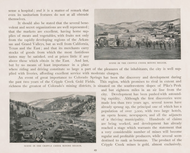 View of Cripple Creek, Scene in the Cripple Creek mining region, page, photomechanical print, Cripple Creek, cliché maker: New York Photo-Gravure Company, New York (city), c. 1888 - in or before 1893, photographer, North America, Colorado, Teller, paper, autotypie, height 60 mm x width 101 mm, city-view in general, 'veduta', mountains, A photograph shows a town set in a valley with rows of small buildings and houses lining a main dirt road, surrounded by rolling hills and sparse trees, and above it a separate smaller image depicts people standing and a group of horses and wagons on a flat open area with low buildings and hills in the background; the images are printed on a page with columns of text along the sides.