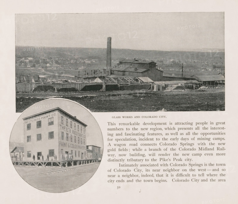 Glass works and Colorado City, Photomontage of a view of Colorado City and a paint factory, page, photomechanical print, photomontage, Colorado City, cliché maker: New York Photo-Gravure Company, New York (city), c. 1888 - in or before 1893, photographer, North America, Colorado, Pueblo, paper, autotypie, height 170 mm x width 250 mm, city-view in general, 'veduta', factory in landscape, A wide rectangular photograph shows an industrial complex with a tall cylindrical smokestack rising above a cluster of corrugated metal buildings and rooflines, set against a distant hillside dotted with small houses; in front of the complex are long low structures with exposed framework and open arches, and the foreground shows a rough grassy or dirt area with scattered debris, while a circular inset at the lower left displays a multi-story square building with a raised wooden porch and several small figures standing on and near it.
