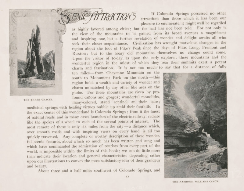 The three graces, View of the Three Graces in the Garden of the Gods in Colorado, page, photomechanical print, Garden of the Gods, cliché maker: New York Photo-Gravure Company, New York (city), c. 1888 - in or before 1893, photographer, North America, Colorado, paper, autotypie, height 87 mm x width 53 mm, rock-formations, A sepia-toned page showing two black-and-white landscape photographs bordered by decorative frames, a tall vertical photo of pointed rock formations on the left and a narrower vertical photo of a narrow canyon with a winding rocky road on the right, surrounded by columns of printed text in a serif font and ornate header lettering at the top, with visible margins and page numbering at the bottom.