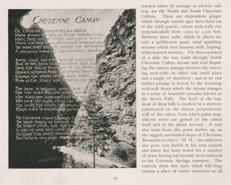 Passage in the rocks of Williams Canyon in Colorado, The Narrows, Williams Cañon, page, photomechanical print, Williams Canyon (El Paso, CO), cliché maker: New York Photo-Gravure Company, New York (city), c. 1888 - in or before 1893, photographer, North America, Colorado, El Paso (Colorado), paper, autotypie, height 106 mm x width 64 mm, ravine, chasm, abyss, canyon, passage, A vertically oriented page shows a black-and-white photograph on the left depicting a steep rocky cliff face with textured rock layers and a narrow path at its base, bordered by dark shadowed foliage and a small tree; the photograph has a decorative heading area and pale handwritten-style markings over the dark sky area. To the right of the photograph is a column of printed text in a lighter background, with a narrow margin separating image and text; the page has a wide pale border and a small centered page number at the bottom.