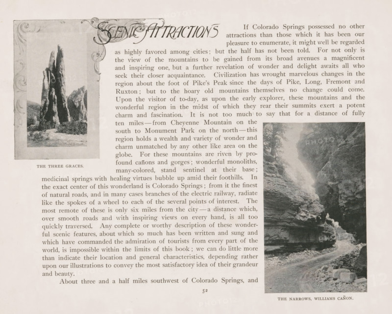 View of a road through the Cheyenne Canyon with inscription, page, photomechanical print, Williams Canyon (El Paso, CO), cliché maker: New York Photo-Gravure Company, New York (city), c. 1888 - in or before 1893, photographer, North America, Colorado, El Paso (Colorado), paper, autotypie, height 152 mm x width 122 mm, ravine, chasm, abyss, canyon, A printed page with two black-and-white photographs and decorative header artwork; the left photograph shows tall jagged rock formations framed by an ornate border, and the right photograph shows a narrow rocky canyon with a winding path and trees along the upper edges; the rest of the page is filled with columns of printed text.