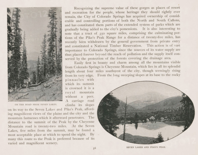 On the road from Seven Lakes, Landscape with donkey, page, photomechanical print, Colorado, cliché maker: New York Photo-Gravure Company, New York (city), c. 1888 - in or before 1893, photographer, North America, paper, autotypie, height 110 mm x width 64 mm, landscapes, ass, donkey, A page from a printed publication showing two photographic images and columns of printed paragraphs; along the left edge a tall rectangular black-and-white photograph depicts a forested mountain path with tall pine trees lining a dirt trail and a horse-drawn carriage visible on the path, while toward the lower right an oval black-and-white photograph shows a lake scene with reflections of trees in the water, rocky shoreline, distant mountains, and scattered trees in the foreground; the surrounding area contains blocks of printed text in a serif type and narrow margins.
