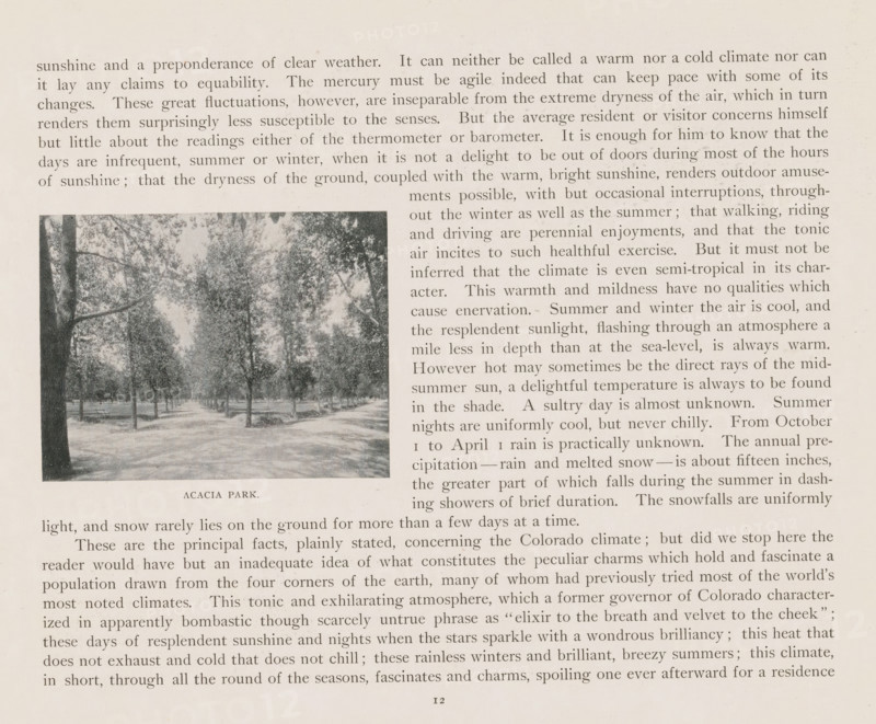 Acacia Park, View of Acacia Park in Colorado Springs, page, photomechanical print, Colorado Springs, cliché maker: New York Photo-Gravure Company, New York (city), c. 1888 - in or before 1893, photographer, North America, Colorado, paper, autotypie, height 68 mm x width 89 mm, public gardens, park, A faded printed page showing a column of serif text across the top and down the right side, with a grayscale photograph inset on the left depicting a tree-lined park avenue with tall trees casting dappled shadows on a path and open grassy areas, and a small centered caption below the photo.