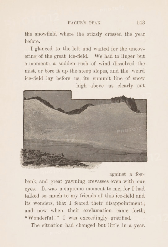 View of a frozen lake in Rocky Mountain National Park, page, photomechanical print, photographer: Frederick Hastings Chapin, Rocky Mountain National Park, cliché maker: attributed to Boston Photogravure Company, Boston (Massachusetts), c. 1885 - in or before 1890, North America, Massachusetts, Colorado, Attributed to, paper, autotypie, height 51 mm x width 81 mm, lake, mountains, A faded page with a rectangular illustration inset showing a shaded landscape of hills and rocky foreground, surrounded by printed paragraph blocks above and below, with a centered title near the top and a small number at the upper corner.
