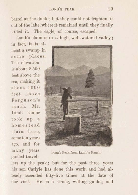 View of Longs Peak, Long's Peak from Lamb's Ranch, page, photomechanical print, photographer: Frederick Hastings Chapin, Rocky Mountain National Park, cliché maker: attributed to Boston Photogravure Company, Boston (Massachusetts), c. 1885 - in or before 1890, North America, Massachusetts, Colorado, Attributed to, paper, autotypie, height 76 mm x width 50 mm, landscapes, mountains, wildlife reserve, national park, Boulder, Longs Peak, A sepia-toned page from a book shows a rectangular photograph framed with a dark border depicting an outdoor scene with distant mountains and a lone tree in a field, a wooden fence running horizontally, and a person leaning on the fence wearing a hat and dark clothing, with a tree stump in the foreground and grass covering the ground.