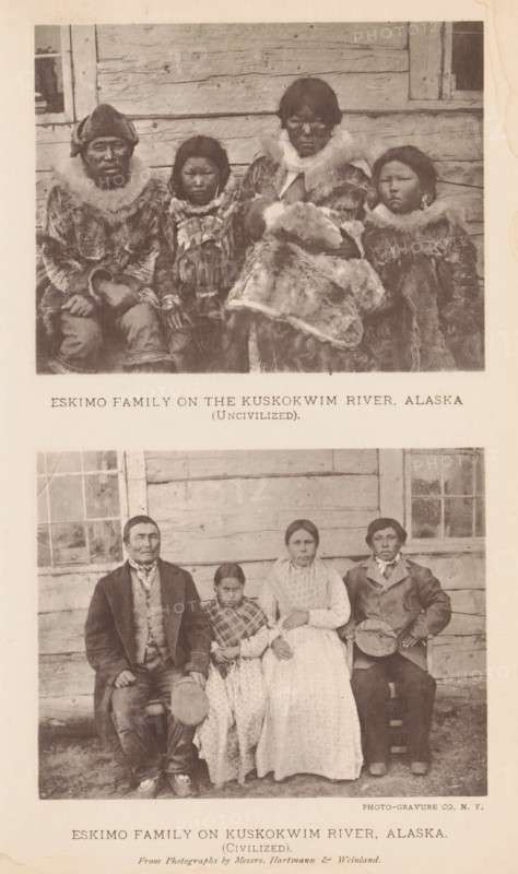 Eskimo family on the Kuskokwim River, Alaska (uncivilized), Group portrait of a Joepik family, page, photomechanical print, photographer: Hartmann & Weinland, cliché maker: The Photo-gravure Co., New York (city), c. 1881 - in or before 1886, North America, paper, collotype, photoprint, height 89 mm x width 114 mm, anonymous historical persons depicted in a group, in a group-portrait, indigenous peoples of the arctic regions: Inuit, A vertical image containing two black and white family portraits one above the other against a wooden wall backdrop; the upper portrait shows four people seated closely wearing heavy fur clothing and fur-lined hoods with one adult holding a bundled infant, all facing forward with neutral expressions, and the lower portrait shows four people seated closely wearing lighter clothing including dresses, shawls, coats, and a hat held by one seated adult, flanked by window frames in the wooden wall.
