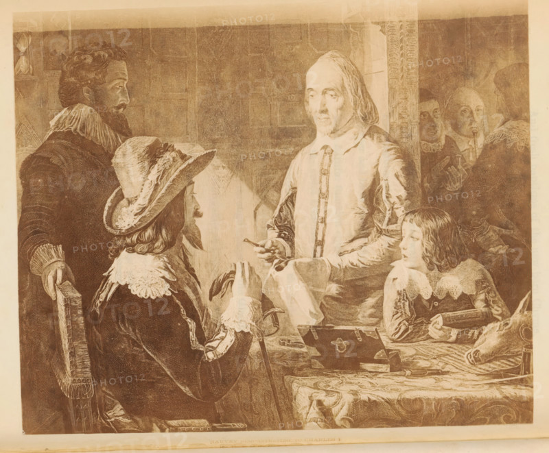 Photo reproduction of William Harvey demonstrating to Charles I the circulation of the blood from the heart of a deer by Robert Hannah, photograph, reproduction, page, after painting by Robert Hannah, c. 1861 - in or before 1866, photographer, paper, albumen print, height 113 mm x width 134 mm, Photo two pages after page 74., Person, Charles I (king of England), William Harvey, medical research, branches of medicine, A sepia-toned scene shows several men and a boy gathered around a table in period clothing with lace collars and decorative sleeves; one seated man wears a wide-brimmed feathered hat and holds a cane while another stands with a beard and ruffled collar, and a central older man with long hair and a plain collar holds a small instrument above a basin on the table; a boy with a lace collar looks to the side holding a book, and in the background two partly visible figures stand near a patterned wall and a musical instrument; the table is covered with a patterned cloth and hold...