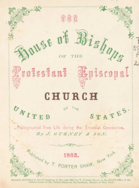 The house of bishops of the Protestant Episcopal church of the United States, book, photographer: Jeremiah Gurney, publisher: T. Porter Shaw, New York (city), 1862, North America, paper, pasteboard, biological material, leather, printing, albumen print, color cut, height 153 mm x width 140 mm x thickness 40 mm, A cream-colored page with decorative green corner flourishes and a scalloped green border, featuring ornate typographic elements in green, pink, and dark brown inks arranged in a centered, symmetrical layout, with delicate ornamental swirls and small vignette flourishes, areas of light brown age spotting, and a faint vertical smudge near the right edge.