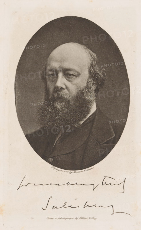 Portrait of Robert Arthur Talbot Gascoyne-Cecil, third Marquess of Salisbury, ... ... Salisbury, page, photomechanical print, photographer: Elliott & Fry, London (possibly), cliché maker: Annan & Swan, Glasgow, c. 1886 - in or before 1891, paper, photoaquatint, height 113 mm x width 84 mm, Print on title page, behind semi-transparent cover., Person, Robert Gascoyne-Cecil (Marquis of Salisbury), historical persons, An oval-framed sepia portrait of a middle-aged man with a receding hairline and a full, curly beard, shown from the shoulders up and wearing a dark suit jacket and vest, set against a dark background within a light rectangular page.