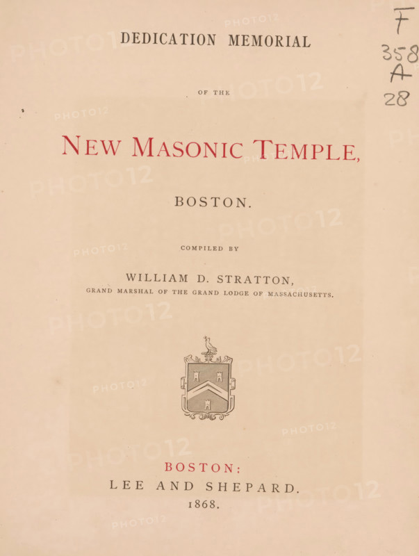 Dedication memorial of the new Masonic temple, Boston, book, annotation: '10459, ..., 75, -', date: 'Aug 1998', compiler (person in literature): William D. Stratton, publisher: Lee and Shepard, 1868, compiler (person in literature), North America, Massachusetts, textile materials, paper, linen (material), printing, albumen print, height 225 mm x width 184 mm x thickness 23 mm, A cream-colored page with a centered decorative emblem featuring a shield topped by a small bird and ornamental flourishes, faint pencil markings along the right edge, and several lines of printed typography in varying sizes across the top and lower portions of the sheet, with a larger red line of type near the top and another red line near the lower middle.