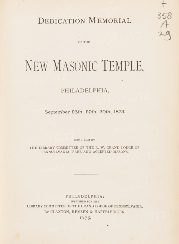Dedication memorial of the new Masonic temple, Philadelphia, September 26th, 29th, 30th, 1873, book, inscription: 'A masonic relic, an interesting find made a few days ago, ', date: 'May 1994', company name: 'JS Lever, Binder, Phila', annotation: '109100 only. Van Haaften 308, 13 Tipped-in photo-illu'stry Gutekunst (ok), (leading phila. photographer) & long fdg litho'd fascimile.', collector's mark: 'Thos. v. Paul, Antiques-Books, Phila. Pa.', bookplate: 'Vincit qui patitur, Alfred Smith', publisher: Claxton, Remsen & Haffelinger, compiler (person in literature): Library Committee of the Grand Lodge of Pennsylvania, 1874, Claxton, Library Committee of the Grand Lodge of Pennsylvania, publisher, compiler (person in literature), North America, textile materials, paper, linen (material), transparent paper, printing, albumen print, wood engraving, color on cut, height 245 mm x width 184 mm x thickness 38 mm, A pale page with dark printed lines of varying sizes arranged vertically, showing ...