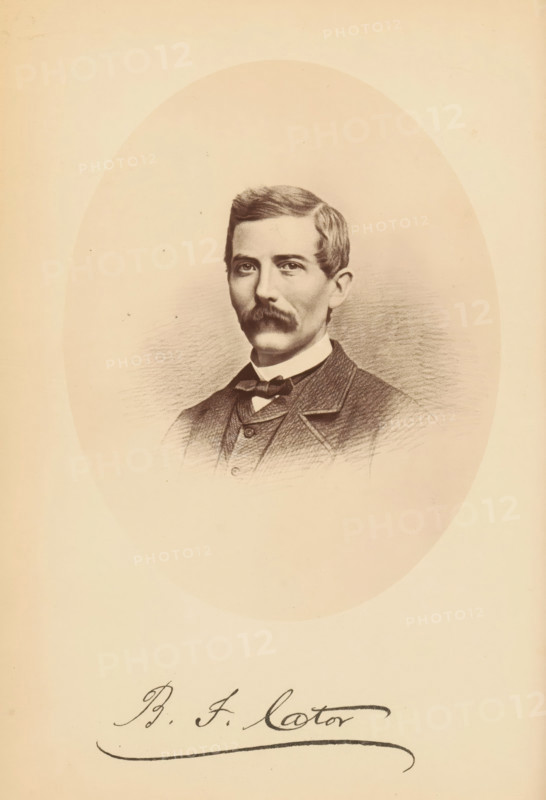 BF Cator, Photo reproduction of a drawing of a portrait by Benjamin F. Cator, photograph, reproduction, page, photographer: Bendann Bros., after drawing by anonymous, c. 1866 - in or before 1871, paper, albumen print, albumendruk, height 153 mm x width 114 mm, Person, Benjamin F. Cator, historical persons, A sepia-toned portrait drawing of a man shown from the chest up inside an oval vignette, featuring short neatly combed hair and a mustache, wearing a high-collared shirt with a bow tie and a textured suit jacket, set against a softly shaded background, with a cursive signature visible below the oval.