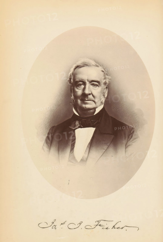 Photo reproduction of a portrait of James Isom Fisher, Yes. I. Fisher, photograph, reproduction, page, photographer: Bendann Bros., after design by anonymous, c. 1866 - in or before 1871, paper, albumen print, height 147 mm x width 110 mm, Person, James Isom Fisher, historical persons, A sepia-toned oval portrait of an older man shown from mid-chest upward, with light-colored hair styled back and sideburns, a serious facial expression, and visible facial wrinkles; he wears a dark formal coat with lapels, a dark bow tie, and a light-colored shirt front; the portrait is centered on a pale background with a faint vignette around the oval and a section of cursive handwriting visible below the portrait.