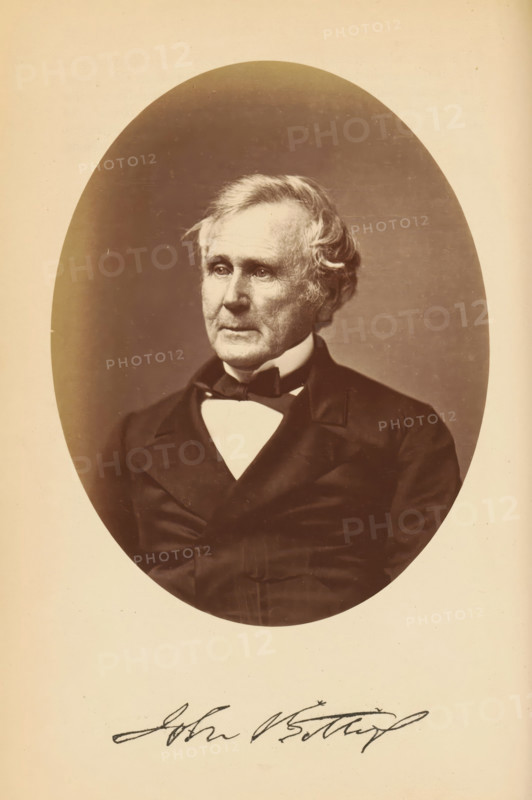 Portrait of John Sterrett Gittings, John S. Gittings, photograph, page, photographer: Bendann Bros., c. 1866 - in or before 1871, paper, albumen print, height 147 mm x width 113 mm, Person, John Sterrett Gittings, historical persons, An oval sepia portrait of an older man shown from the chest up, with light wavy hair, a high forehead, and visible facial lines; he wears a dark formal jacket and a white shirt with a bow tie, and his gaze is directed slightly to one side against a plain darker background, framed by a lighter margin around the oval.