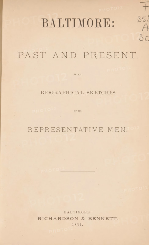 Baltimore : past and present with historical sketches of its representative men, book, annotation: '62 Bendann Brothers photographs 1871', date: 'Nov 1996', publisher: Richardson and Bennett, 1871, North America, Maryland, textile materials, paper, linen (material), transparent paper, albumen print, printing, snail marbled paper, color on cut, height 247 mm x width 185 mm x thickness 55 mm, The image shows a faded, cream-colored book title page with large centered serif text in dark ink. The top area features a bold, uppercase heading. Below it, spaced uppercase words form a subtitle across the page. Smaller uppercase text appears midway, followed by another centered line of uppercase text lower on the page. A thin horizontal rule is visible near the center. The lower portion contains additional centered lines of serif text above the bottom edge. The right edge of the page shows faint handwritten marks in pencil, and the paper has subtle age spots and slight discoloration throughout.