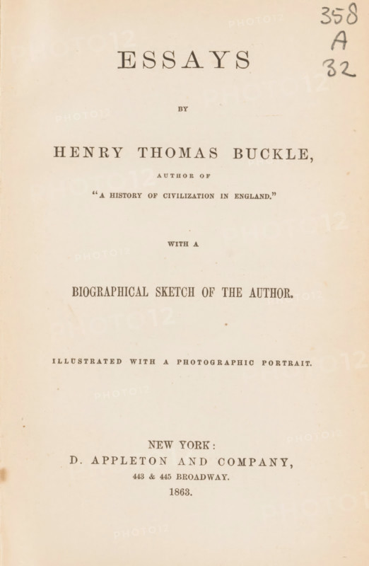 Essays, by Henry Thomas Buckle, book, annotation: 'FEB, 1998', name: 'John L. Mutuig', bookplate: 'Dieses Buchlein ist mir lieb, Wer mirs nimmt ist ein Dieb, Wer mirs aber wieder bringt, Der ist ein Gotters Rind, LIBRARY OF, HENRY GOODSON IVES', writer (clerical worker): Henry Thomas Buckle, publisher: D. Appleton and Company, New York (city), 1863, writer (clerical worker), North America, textile materials, pasteboard, paper, linen (material), printing, albumen print, height 193 mm x width 124 mm x thickness 16mm, A cream-colored book page with centered lines of dark printed text in various serif fonts and sizes, small decorative spacing between sections, and a narrow handwritten notation in dark pencil near the top right edge; the page shows light age spots and faint smudges across its surface and a slightly darker shadow along the left edge.