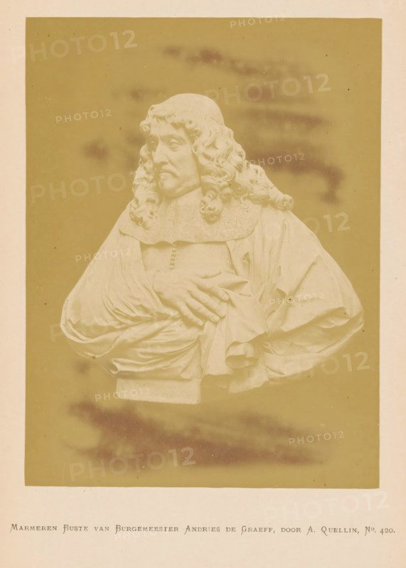 Marble Bust of Mayor Andries de Graeff, by A. Quellin, Marble bust of Mayor Andries de Graeff by Artus Quellin, photograph, page, number: 'No. 420.', photographer: Pieter Oosterhuis, Amsterdam, 1876, paper, albumen print, height 167 mm x width 126 mm, Person, Andries de Graeff, piece of sculpture, reproduction of a piece of sculpture, Historical Exhibition Amsterdam, Oudemannenhuis (Amsterdam), Period, A pale marble bust of a man is shown against a plain darker background, the figure wearing a broad collar and voluminous draped robes, with long curly hair falling past the shoulders and a small pointed mustache and goatee; one hand rests across the chest gathering the folds of the garment while the other arm is bent at the side, and the sculpture sits on a rectangular plinth.