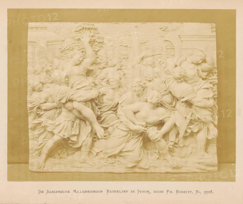 The Rape of the Sabine Women in Ivory, by Fr. Bossuit, Relief depicting the Rape of the Sabine Women by Francis de Bossuit, photograph, page, number: 'No, 3328.', photographer: Pieter Oosterhuis, Amsterdam, 1876, paper, albumen print, height 126 mm x width 166 mm, rape of the Sabine women: they are carried off by Romulus and his men during a feast, Historical Exhibition Amsterdam, Oudemannenhuis (Amsterdam), Period, A rectangular stone relief depicting multiple human figures in dynamic poses, with flowing drapery and muscular limbs, set against a carved background with foliage and architectural elements; figures include women and men, some wearing helmets and armor, others partially nude, with gestures showing reaching arms, grasping hands, and turned heads; one figure reclines while others lift or support bodies, and there are carved details of drapery folds, braided hair, a sword, and clusters of round objects near the lower edge.