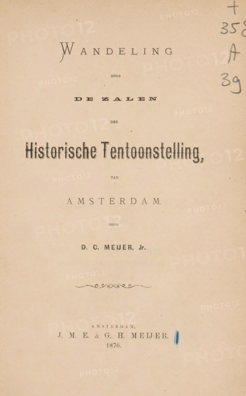 Walk through the halls of the historical exhibition of Amsterdam, by DC Meijer Jr., book, annotation: 'T.., 6', collector's mark: 'UNIVERSITY OF AMSTERDAM, HISTORICAL SEMINARY', annotation: 'Abat 19327', annotation: 'MAY, 2000', annotation: 'Ci, T. N, 17', bookplate: 'Ex Libris, JGH Jordaan', writer (clerical worker): Dirk Christiaan Meijer jr., publisher: JME and GH Meijer, Amsterdam, 1876, Dirk Christiaan Meijer jr., JME and GH Meijer, writer (clerical worker), publisher, textile materials, pasteboard, paper, linen (material), printing, lithography, albumen print, height 251 mm x width 170 mm x thickness 22 mm, A vertical beige page with printed dark ornamental and serif elements arranged in centered horizontal groupings, including a large stylized heading near the top, a bold decorative line of typographic ornament toward the lower middle, faint pencil marks and scribbles along the right edge, and a small irregular blue ink smudge near the lower center right; the paper shows a sligh...