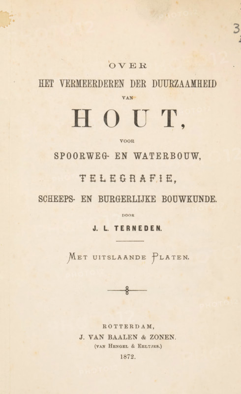 On increasing the durability of wood, for railway and hydraulic engineering, telegraphy, shipbuilding and civil engineering, by JL Terneden, book, annotation: 'MAR, 2000', writer (clerical worker): JL Terneden, publisher: Baalen en zonen, Jacob van, Rotterdam, 1872, writer (clerical worker), textile materials, pasteboard, paper, linen (material), printing, albumen print, marbled paper, albumendruk, height 229 mm x width 156 mm x thickness 14 mm, A vertically oriented aged book page with a centered layout of printed headings and lines of text in various typefaces, including a large bold word near the top and smaller lines beneath, decorative horizontal rules and a small ornamental symbol in the middle, and additional printed lines and a small parenthetical line toward the lower portion, all on a cream-colored background with scattered foxing spots and a darker stain near the top left edge.