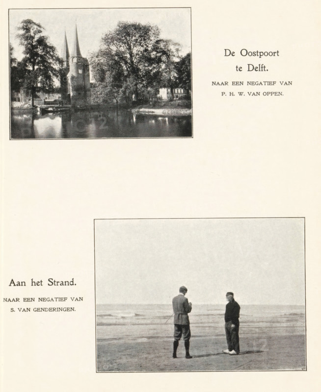 View of the Oostpoort in Delft, De Oostpoort, in Delft, page, photomechanical print, photographer: PHW van Oppen, Delft, cliché maker: anonymous, c. 1895 - in or before 1900, paper, autotypie, height 59 mm x width 82 mm, village-gate, Oostpoort (Delft), A page showing two framed black-and-white photographs; the top photograph depicts a river scene with a towered gatehouse flanked by tall trees and reflected in the water, while the lower photograph shows two men standing on a beach facing each other with the shoreline and sea behind them; both photographs are bordered and positioned on a light background.