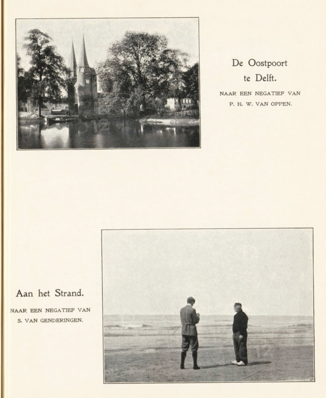 At the Beach, Two men on the beach, page, photomechanical print, photographer: S. van Genderingen, Netherlands (possibly), cliché maker: anonymous, c. 1895 - in or before 1900, paper, autotypie, height 69 mm x width 94 mm, adult man, beach, A printed page showing two black-and-white photographs with captions; the upper photograph depicts a waterfront scene with a pair of tall pointed towers partially obscured by trees and reflected in calm water, bordered by a thin rectangular frame, and the lower photograph shows two men standing on a beach facing the sea with gentle waves in the background, also framed by a thin rectangular border, with printed caption text beside each photograph.