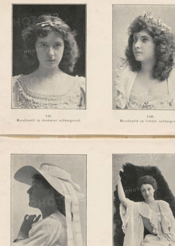 VIII., Bust on light background, Sample image, showing a bust of a woman against a light background, page, photomechanical print, c. 1897 - in or before 1902, paper, autotype, height 70 mm x width 50 mm, Print eight of fourteen prints after page 241., historical persons not known by name - BB - woman, A vertical spread of four framed black-and-white portrait photographs arranged in a two-by-two grid, each showing a different woman; the top left portrait shows a woman with curly hair wearing a decorative headpiece and a dress with ruffled details, her head tilted to the side; the top right portrait shows a woman reclining against a dark textured background, wearing a light dress and multiple strands around her neck with one arm raised; the bottom left portrait shows a woman with wavy hair adorned with a headband, wearing a dress with an ornate neckline and looking forward; the bottom right portrait shows a silhouette profile of a woman wearing a wide-brimmed hat and a light garment, the...