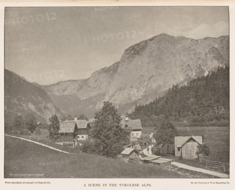 A Scene in the Tyrolean Alps, View of a few houses in the Tyrolean Alps, page, photomechanical print, name: 'IVES', photographer: Charles Scolik, Alps, cliché maker: Crosscup & West Engraving Co. (possibly), Philadelphia, c. 1884 - in or before 1889, printer (person), North America, paper, autotype, height 121 mm x width 157 mm, rural housing, eg country-house, villa, cottage, mountains, A grayscale image showing a mountainous landscape with a large rocky peak rising behind a forested slope, a valley in front of the mountain containing scattered houses with pitched roofs and chimneys, trees interspersed among the buildings, a narrow path or road winding through the settlement, open grassy areas on the foreground slopes, and a mostly clear sky above.