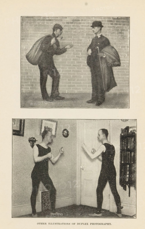 Example of two photographs of a person printed on one negative, Showing Two Photographs of Same Person on a Single Negative, page, photomechanical print, photographer: Frank A. Gilmore, clichémaker: anonymous, c. 1892 - in or before 1897, paper, autotype, height 59 mm x width 93 mm, adult man, A page showing two framed photographic scenes one above the other separated by white space, the top scene depicting two men standing against a brick wall facing each other, one man wearing a cap and carrying a large sack over his shoulder while extending a hand, the other man wearing a bowler hat and coat and holding a long object under his arm, the lower scene showing two men in sleeveless dark singlets and tights facing each other in a room, each with fists raised as if sparring, with a door and framed pictures on the wall and a tall narrow shelf of books visible at the edge.