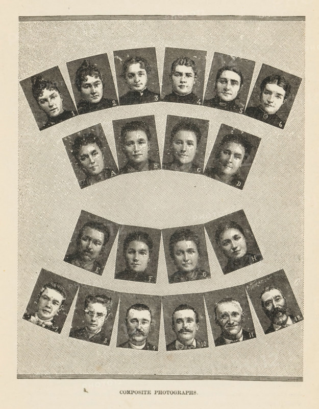 Composite Photographs, Twenty examples of portraits of unknown people composed from various photographs, page, photomechanical print, c. 1892 - in or before 1897, paper, autotype, height 157 mm x width 124 mm, historical persons not known by name, historical persons not known by name - BB - woman, A vertically oriented printed sheet shows multiple oval and rectangular portrait illustrations arranged in curved rows on a dotted background, each portrait depicting a head-and-shoulders view of a person with varied hairstyles and facial hair, including men with mustaches and beards and women with hair pulled back or styled, all rendered in a stippled engraving style with dark clothing and neutral expressions; the portraits are tilted at different angles and separated by light margins, and the page has thin decorative lines at the top and bottom.