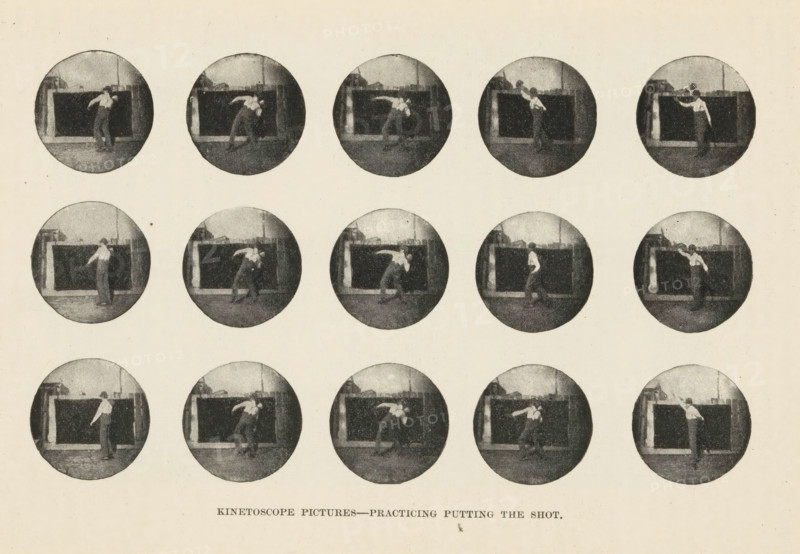 Kinetoscope Pictures - Practicing Putting the Shot, Fifteen examples of Kinetoscope pictures, depicting a man throwing a ball, page, photomechanical print, c. 1892 - in or before 1897, paper, autotype, height 94 mm x width 159 mm, ball-throwing, A grid of circular black-and-white photographs arranged in rows on a pale background, each circle showing a person standing outdoors near a dark rectangular structure, the person captured in various poses with arms extended or bent and body leaning in different directions, the surrounding area showing a ground surface and indistinct background elements, all images having a grainy, high-contrast appearance.