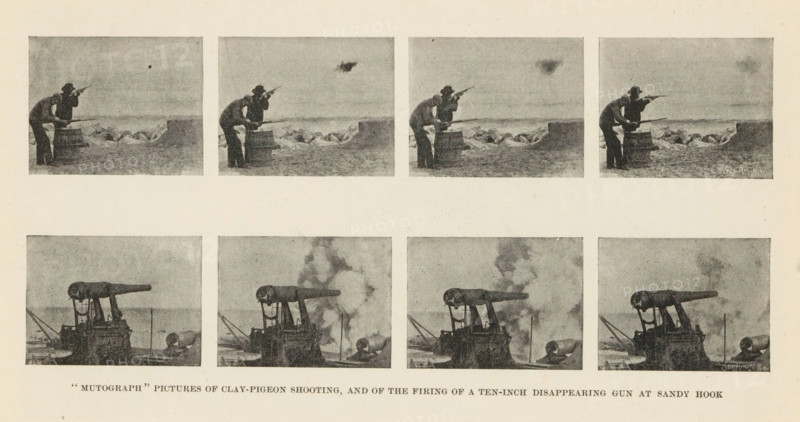 Magic trick called 'The Sausage Factory', The Sausage Factory, page, photomechanical print, inscription: 'SCI. AM. NY', maker: unknown, c. 1892 - in or before 1897, paper, autotypie, height 43 mm x width 56 mm, adult man, lamb, A page with two rows of four small rectangular grayscale photographs each, the top row showing a pair of men on a shoreline with one man aiming a long gun while the other leans on a barrel and a clay target visible in the sky, and the bottom row showing a large naval gun mounted on a ship with smoke near the barrel in successive frames; the images have a grainy, vintage appearance and are set against a pale background.