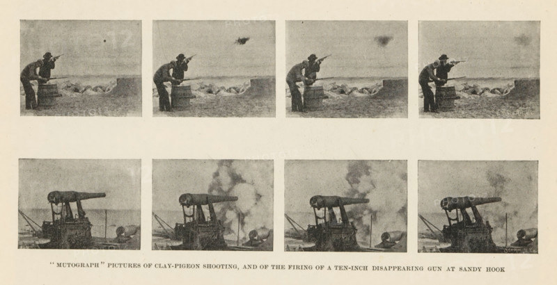 Mutograph' Pictures of Clay-pigeon Shooting, and of the Firing of a Ten-inch Disappearing Gun at Sandy Hook, Two series of photographs produced with a 'Mutograph', depicting two men shooting clay pigeons and firing a cannon, page, photomechanical print, inscription: 'SCI. AM. NY', maker: unknown, c. 1892 - in or before 1897, unknown, paper, autotypie, height 83 mm x width 189 mm, firearms: cannon, firearms: rifle, A sepia-toned sheet showing two rows of four rectangular photographic frames each, with the top row depicting two men on a shoreline aiming a long gun while leaning on a barrel and a low sandbank in the background, and the bottom row showing a large mounted naval gun on a ship with smoke around its muzzle in successive positions; the sheet has a broad margin and faint printed text along the bottom edge that is visible but not described.