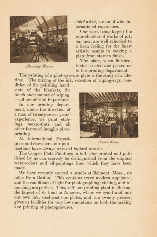 Proving room, page, photomechanical print, maker: AW Elson & Company (possibly), c. 1903 - in or before 1908, paper, collotype, photoprint, height 37 mm x width 46 mm, Print on second page after title page., printing, printing office, A sepia-toned page showing two rectangular photographs of interior workrooms, one near the top left depicting equipment and a person amid machinery under a pitched ceiling and one toward the middle right showing a larger room with rows of equipment and several people working under exposed beams; lines of printed paragraph text occupy the spaces around and between the images, and decorative script appears beneath each photograph.