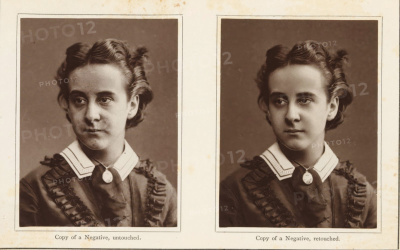 Effect of the retouching of the negation, Two portraits of an unknown young woman, one retouched, page, photomechanical print, inscription: 'Plate VI', maker: unknown, c. 1870 - in or before 1875, paper, collotype, photoprint, height 81 mm x width 139 mm, adolescent, young woman, maiden, anonymous historical person depicted, Two sepia-toned portrait photographs of the same young woman are shown side by side on aged paper, each framed by a thin dark border. The woman is seen from the chest up, facing slightly to her left in the left photo and more directly forward in the right photo, with similar calm facial expressions in both. She has neatly styled hair pulled back with soft waves and small curled sections near the temples. She wears a dark dress with decorative ruffled trim along the front and a light-colored collar with a round pendant at the throat suspended from a ribbon. The background behind her in both portraits is plain and evenly toned. The paper around the photos shows small...