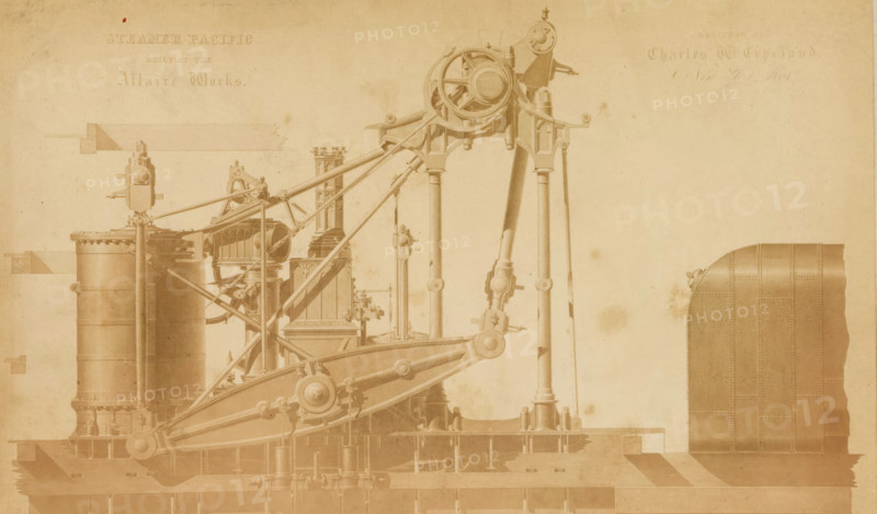 View of a steam engine, Steamer Pacific, Built at the, Allaire Works, photograph, page, inscription: 'Designed by, Charles W Copeland, ...', North and Central America (possibly), c. 1859 - in or before 1864, photographer, paper, albumen print, height 123 mm x width 204 mm, Photo opposite title page., machine driven by steam, machines, engines, crafts and industries, A sepia-toned technical drawing of a large steam engine assembly occupying the left and center of the image, showing cylindrical boilers, vertical columns, a large flywheel with spokes, connecting rods, pivoting beams, and framed supports with visible bolts and rivets; on the far right a curved, riveted metal plate or hull section stands separate from the machinery; the background is a plain aged paper texture with subtle stains and smudges.